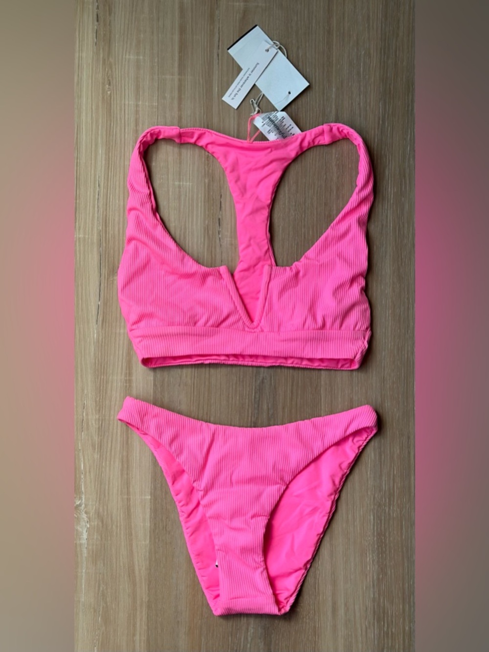Summerful Women's Ribbed Pink V-Neck Racerback Bikini Set